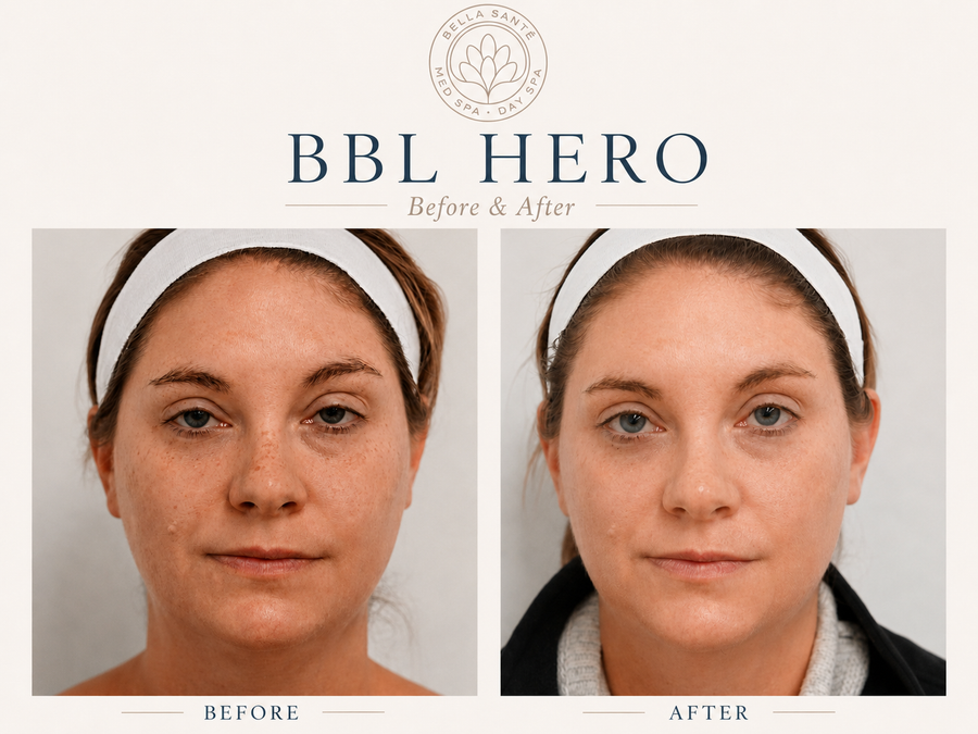 Before and after photos of guest who had received BBL Hero laser treatment